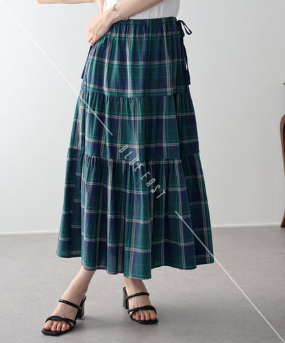 Skirt Check Pattern Ribbon Tiered Skirt Check