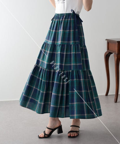 Skirt Check Pattern Ribbon Tiered Skirt Check