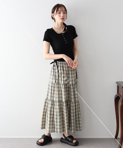 Skirt Check Pattern Ribbon Tiered Skirt Check