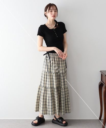 Skirt Check Pattern Ribbon Tiered Skirt Check