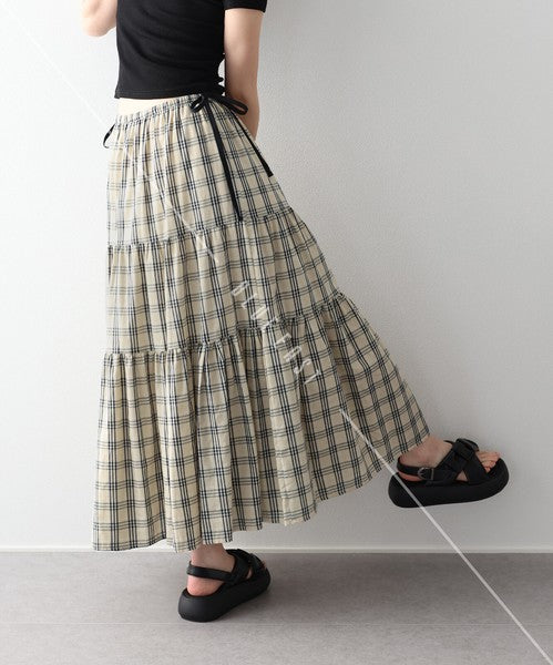 Skirt Check Pattern Ribbon Tiered Skirt Check