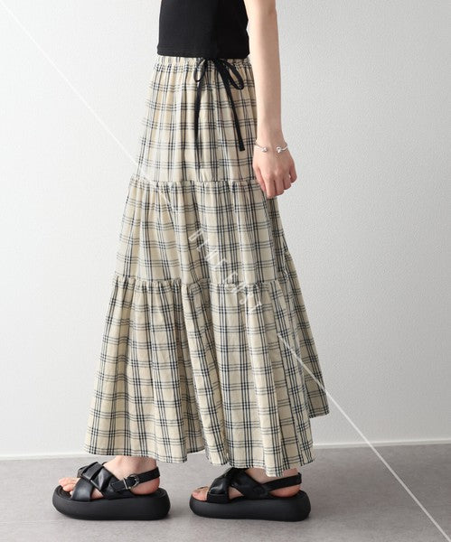 Skirt Check Pattern Ribbon Tiered Skirt Check