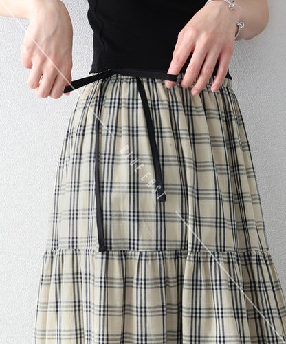 Skirt Check Pattern Ribbon Tiered Skirt Check