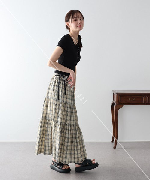 Skirt Check Pattern Ribbon Tiered Skirt Check