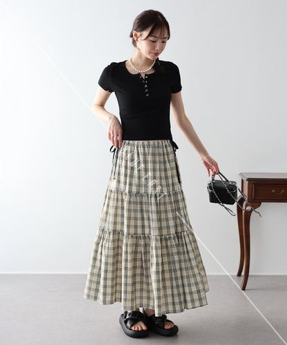 Skirt Check Pattern Ribbon Tiered Skirt Check