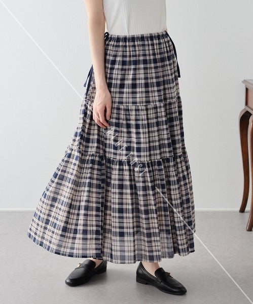 Skirt Check Pattern Ribbon Tiered Skirt Check