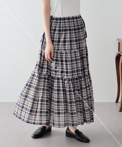 Skirt Check Pattern Ribbon Tiered Skirt Check