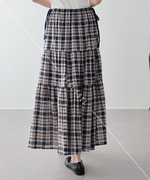 Skirt Check Pattern Ribbon Tiered Skirt Check