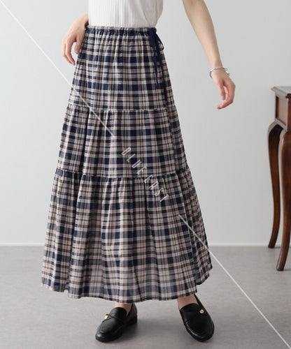 Skirt Check Pattern Ribbon Tiered Skirt Check