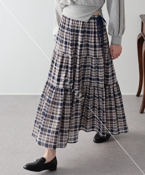 Skirt Check Pattern Ribbon Tiered Skirt Check