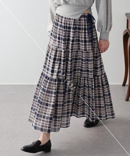 Skirt Check Pattern Ribbon Tiered Skirt Check
