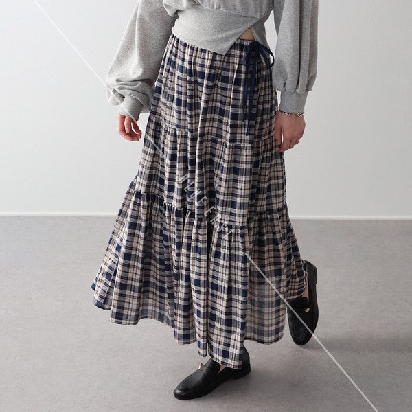 Skirt Check Pattern Ribbon Tiered Skirt Check