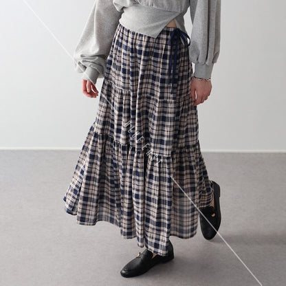 Skirt Check Pattern Ribbon Tiered Skirt Check