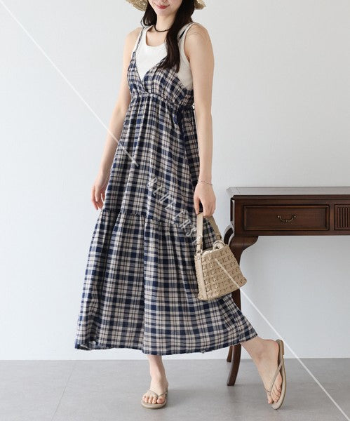 Casual Dress Check Pattern Ladies fashion Camisole Dress Check Side Ribbon