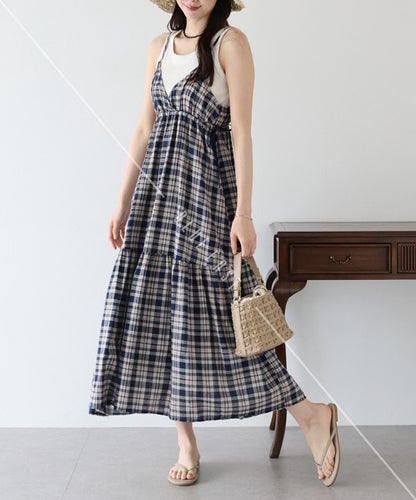 Casual Dress Check Pattern Ladies fashion Camisole Dress Check Side Ribbon