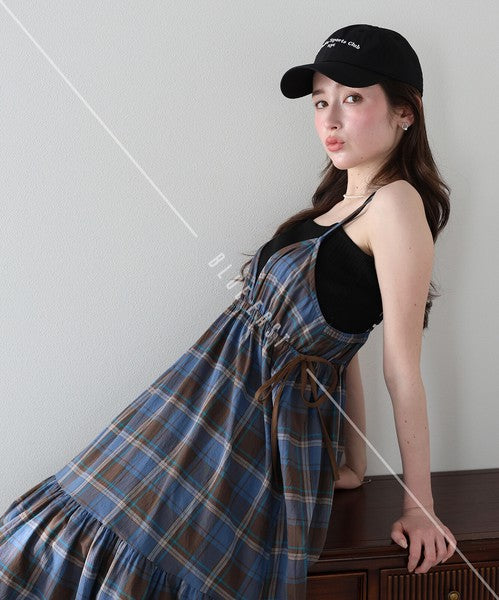 Casual Dress Check Pattern Ladies fashion Camisole Dress Check Side Ribbon