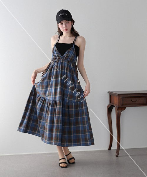 Casual Dress Check Pattern Ladies fashion Camisole Dress Check Side Ribbon