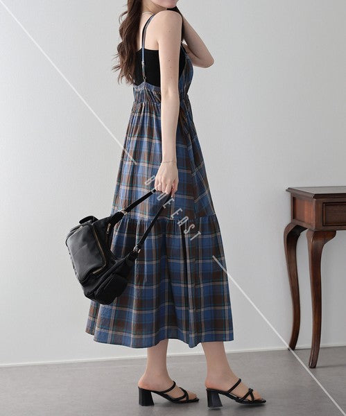 Casual Dress Check Pattern Ladies fashion Camisole Dress Check Side Ribbon