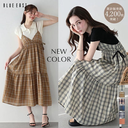 Casual Dress Check Pattern Ladies fashion Camisole Dress Check Side Ribbon