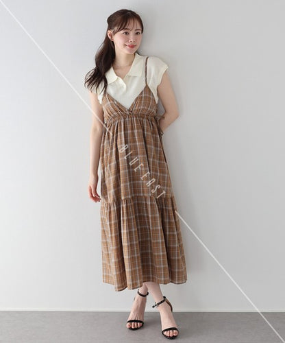 Casual Dress Check Pattern Ladies fashion Camisole Dress Check Side Ribbon