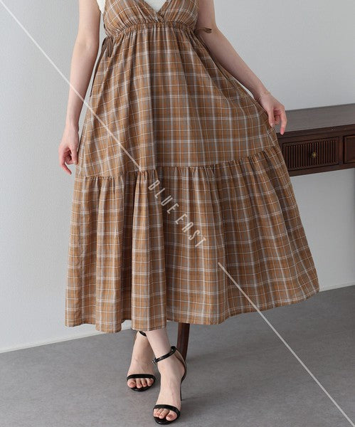 Casual Dress Check Pattern Ladies fashion Camisole Dress Check Side Ribbon