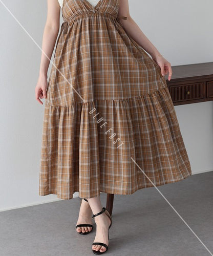 Casual Dress Check Pattern Ladies fashion Camisole Dress Check Side Ribbon