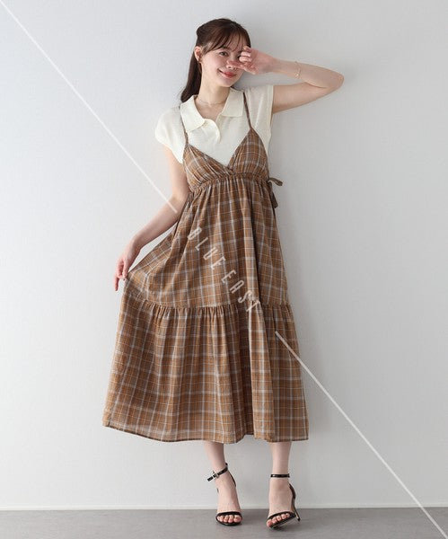 Casual Dress Check Pattern Ladies fashion Camisole Dress Check Side Ribbon
