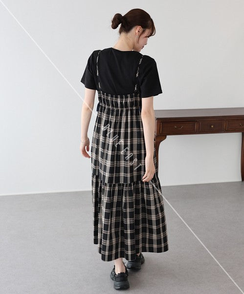 Casual Dress Check Pattern Ladies fashion Camisole Dress Check Side Ribbon