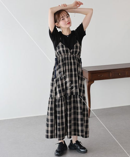 Casual Dress Check Pattern Ladies fashion Camisole Dress Check Side Ribbon
