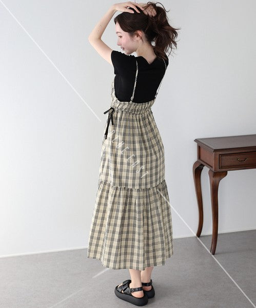 Casual Dress Check Pattern Ladies fashion Camisole Dress Check Side Ribbon