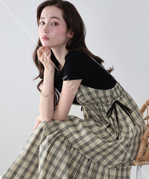 Casual Dress Check Pattern Ladies fashion Camisole Dress Check Side Ribbon
