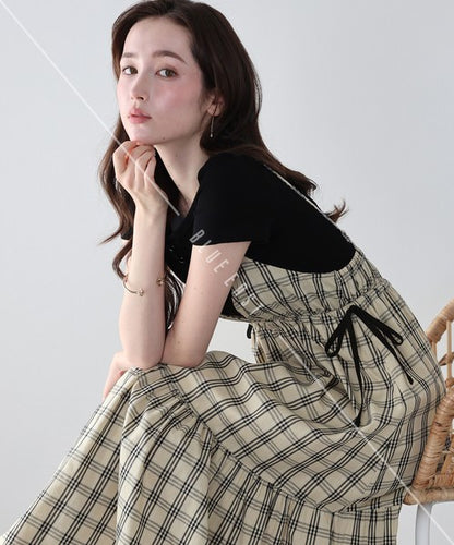 Casual Dress Check Pattern Ladies fashion Camisole Dress Check Side Ribbon