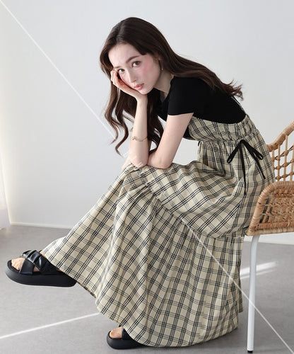 Casual Dress Check Pattern Ladies fashion Camisole Dress Check Side Ribbon