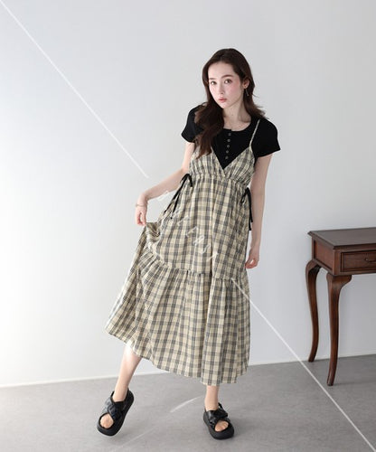 Casual Dress Check Pattern Ladies fashion Camisole Dress Check Side Ribbon