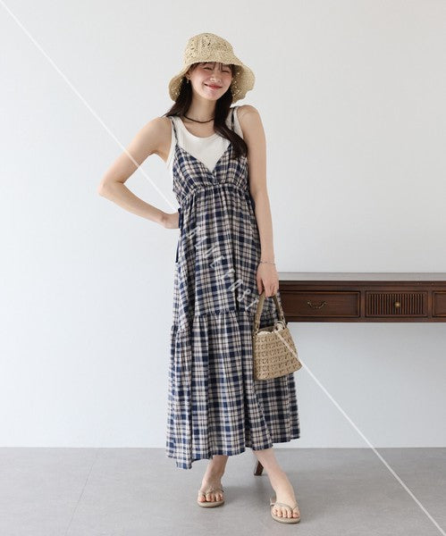 Casual Dress Check Pattern Ladies fashion Camisole Dress Check Side Ribbon