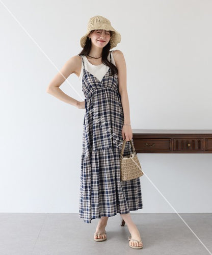 Casual Dress Check Pattern Ladies fashion Camisole Dress Check Side Ribbon