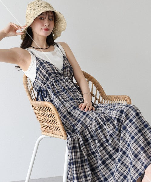 Casual Dress Check Pattern Ladies fashion Camisole Dress Check Side Ribbon