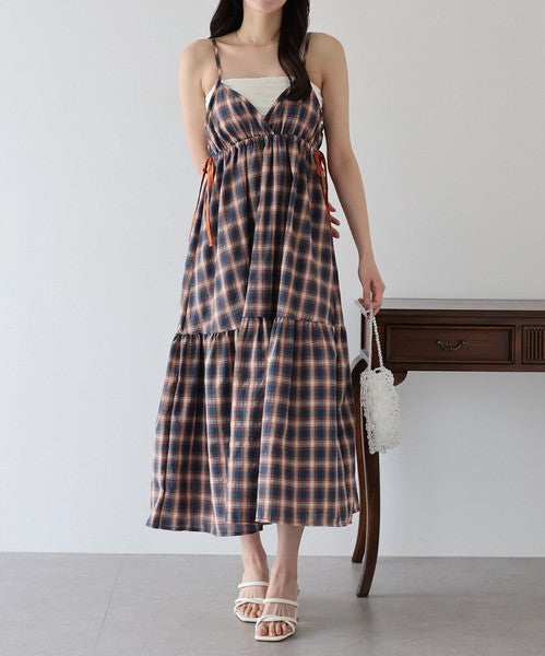Casual Dress Check Pattern Ladies fashion Camisole Dress Check Side Ribbon