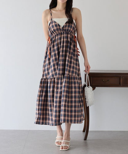 Casual Dress Check Pattern Ladies fashion Camisole Dress Check Side Ribbon