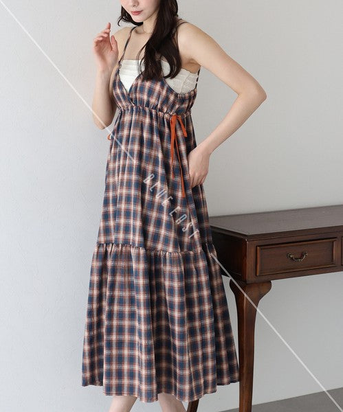 Casual Dress Check Pattern Ladies fashion Camisole Dress Check Side Ribbon