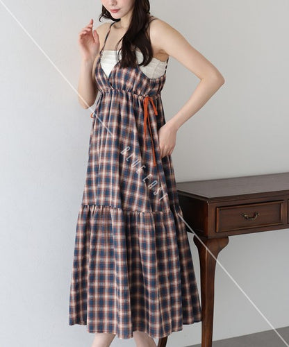 Casual Dress Check Pattern Ladies fashion Camisole Dress Check Side Ribbon