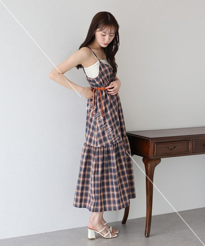 Casual Dress Check Pattern Ladies fashion Camisole Dress Check Side Ribbon