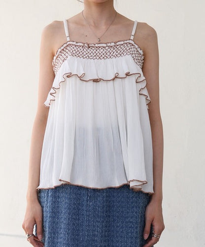 Rayon Crepe Smocking Camisole◇Made with Crepe Fabric Featuring a Wrinkled Textured Feel