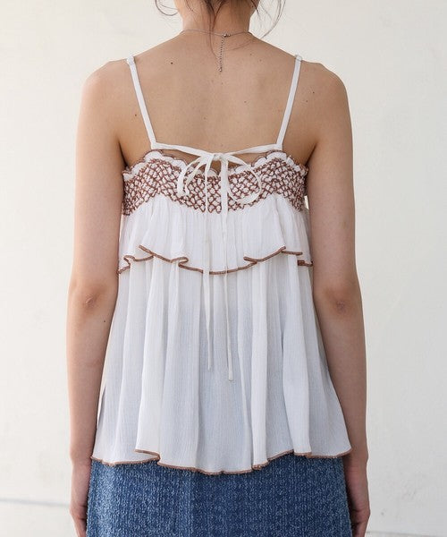 Rayon Crepe Smocking Camisole◇Made with Crepe Fabric Featuring a Wrinkled Textured Feel