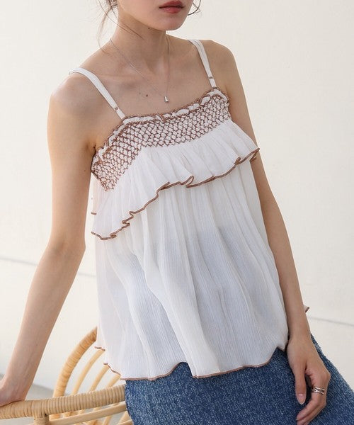 Rayon Crepe Smocking Camisole◇Made with Crepe Fabric Featuring a Wrinkled Textured Feel