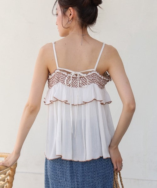 Rayon Crepe Smocking Camisole◇Made with Crepe Fabric Featuring a Wrinkled Textured Feel