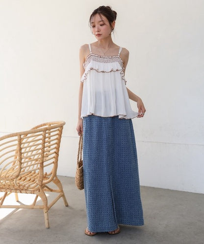 Rayon Crepe Smocking Camisole◇Made with Crepe Fabric Featuring a Wrinkled Textured Feel