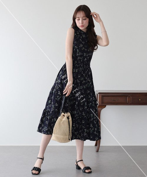 Casual Dress Floral Pattern Sleeveless Stand-up Collar Polka Dot Cool Touch