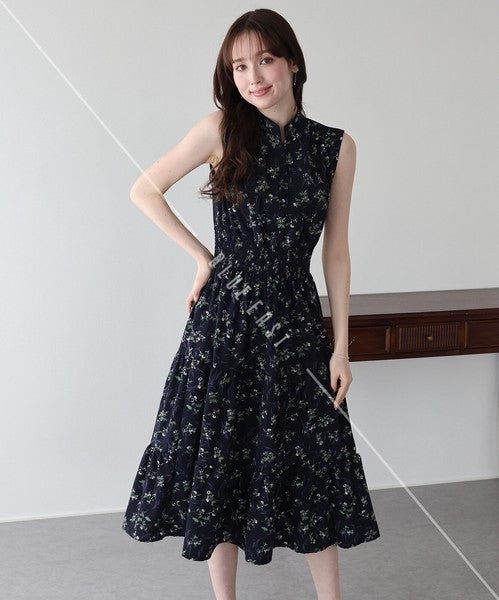 Casual Dress Floral Pattern Sleeveless Stand-up Collar Polka Dot Cool Touch