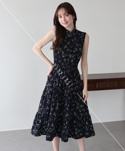 Casual Dress Floral Pattern Sleeveless Stand-up Collar Polka Dot Cool Touch